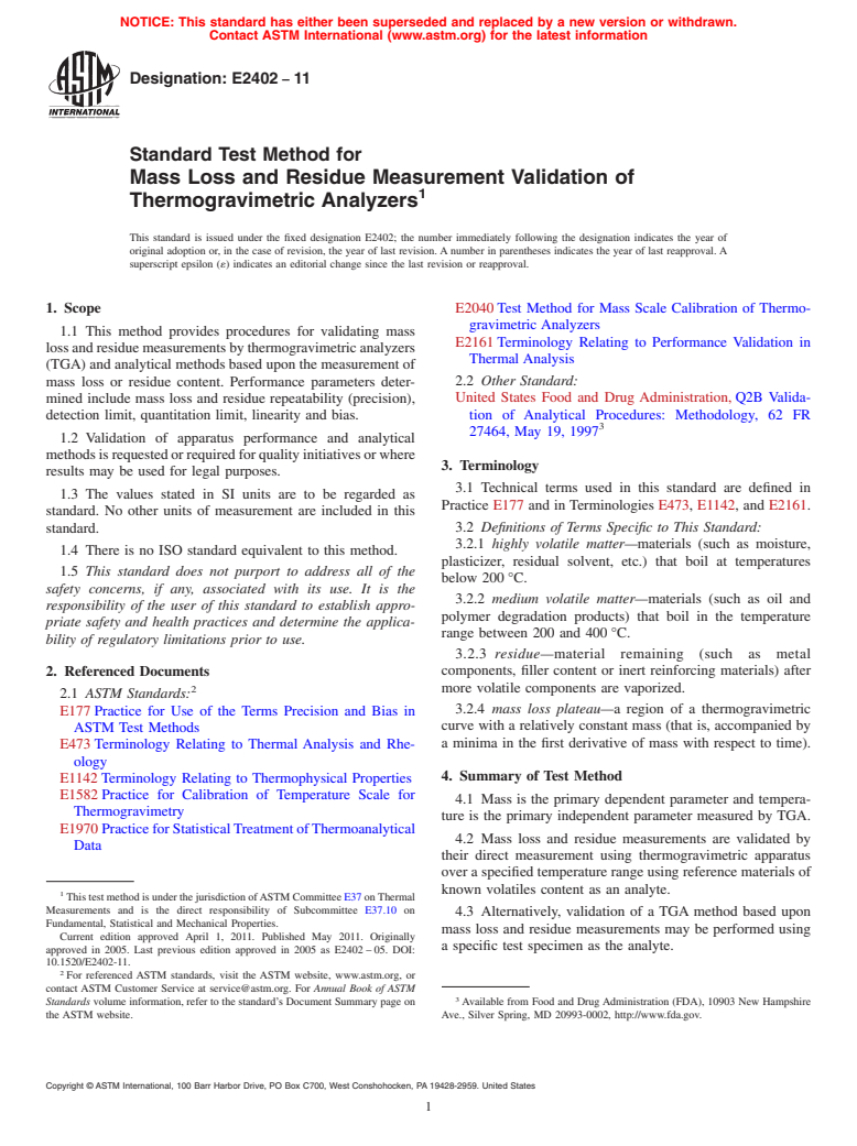 ASTM E2402-11 - Standard Test Method for Mass Loss and Residue Measurement Validation of Thermogravimetric Analyzers