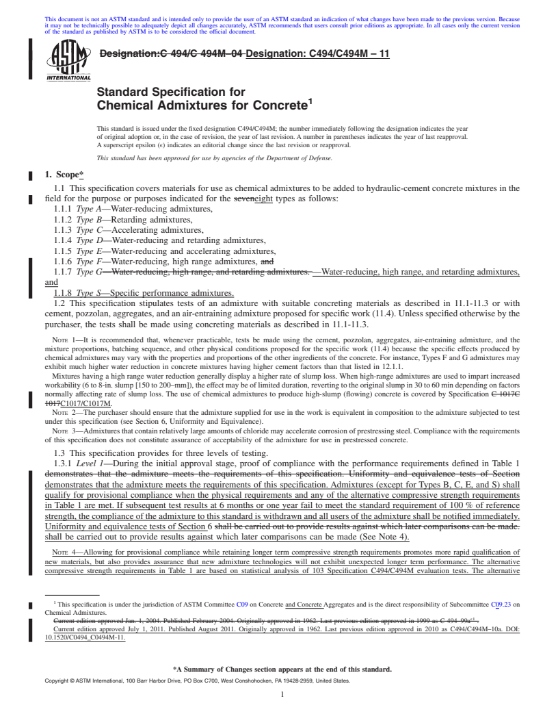 REDLINE ASTM C494/C494M-11 - Standard Specification for  Chemical Admixtures for Concrete