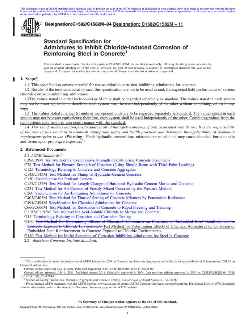 REDLINE ASTM C1582/C1582M-11 - Standard Specification for Admixtures to Inhibit Chloride-Induced Corrosion of Reinforcing Steel in Concrete