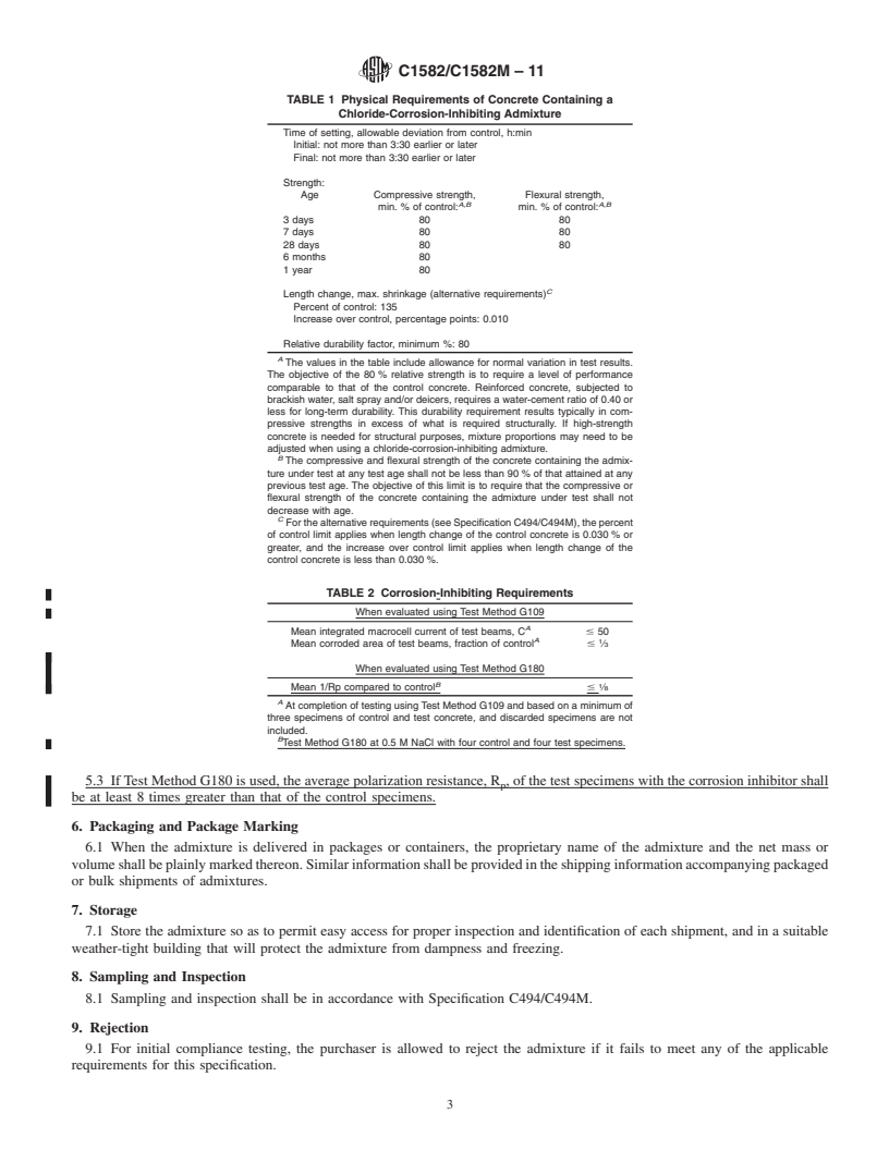 REDLINE ASTM C1582/C1582M-11 - Standard Specification for Admixtures to Inhibit Chloride-Induced Corrosion of Reinforcing Steel in Concrete