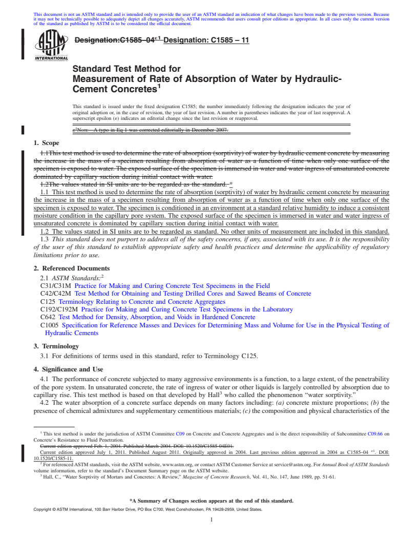 REDLINE ASTM C1585-11 - Standard Test Method for Measurement of Rate of Absorption of Water by Hydraulic-Cement Concretes