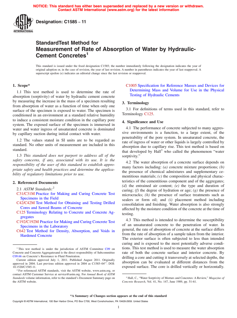 ASTM C1585-11 - Standard Test Method for Measurement of Rate of Absorption of Water by Hydraulic-Cement Concretes