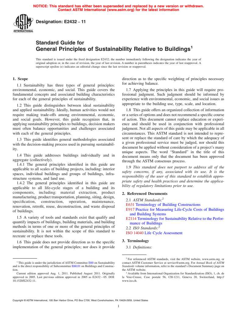 ASTM E2432-11 - Standard Guide for General Principles of Sustainability Relative to Buildings
