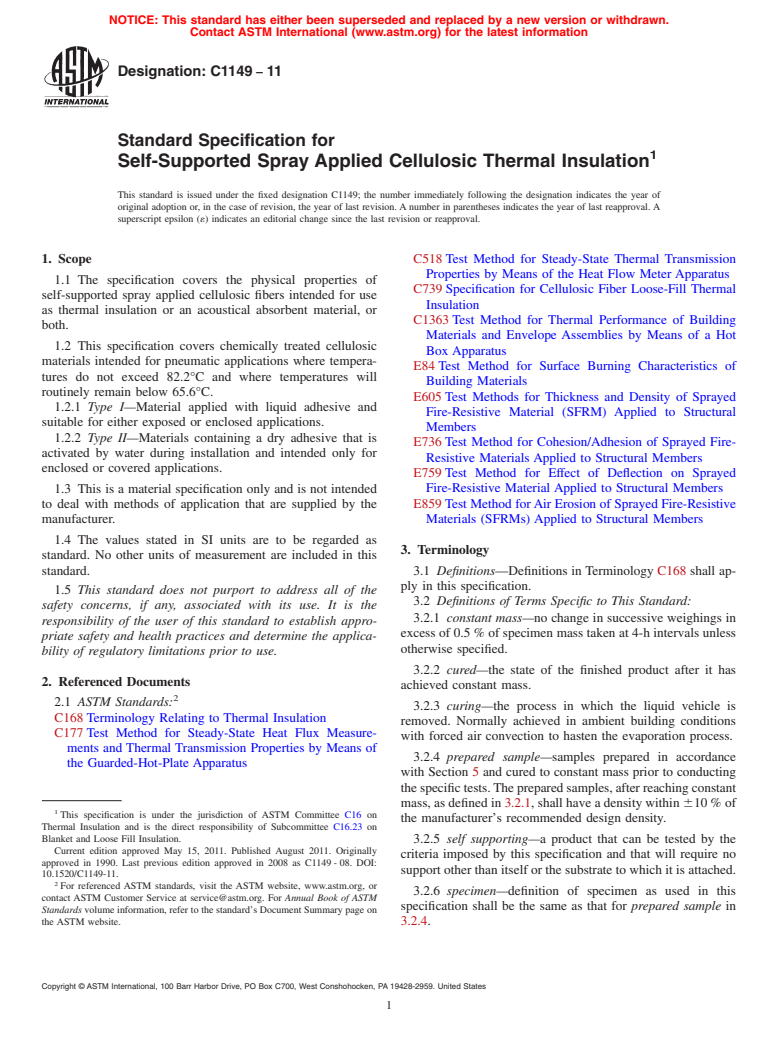 ASTM C1149-11 - Standard Specification for Self-Supported Spray Applied Cellulosic Thermal Insulation