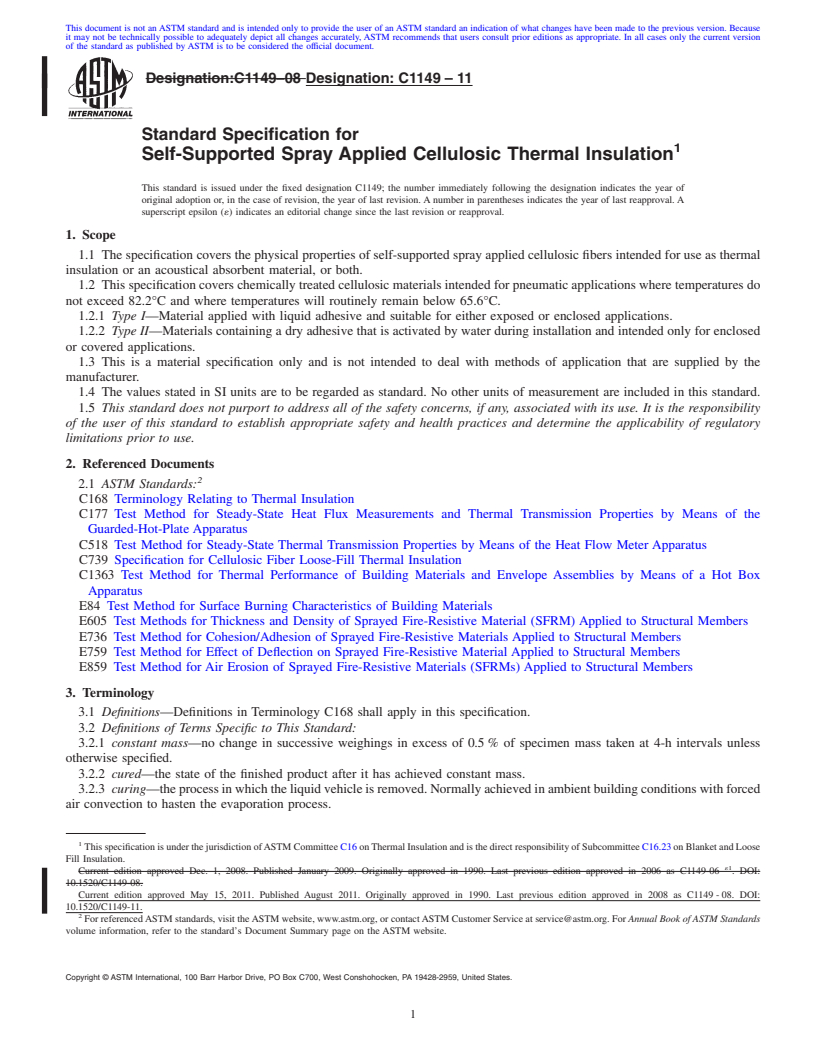 REDLINE ASTM C1149-11 - Standard Specification for Self-Supported Spray Applied Cellulosic Thermal Insulation