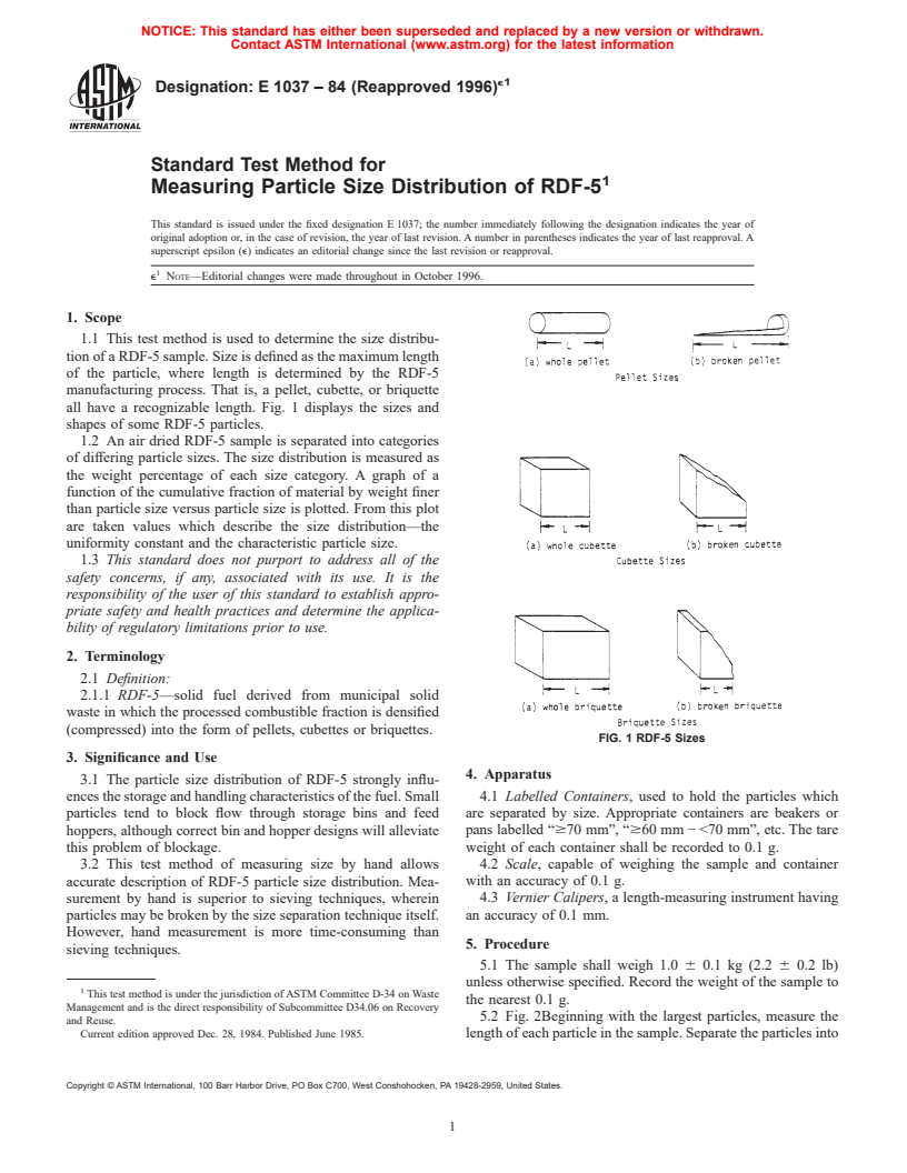 ASTM E1037-84(1996)e1 - Standard Test Method for Measuring Particle Size Distribution of RDF-5