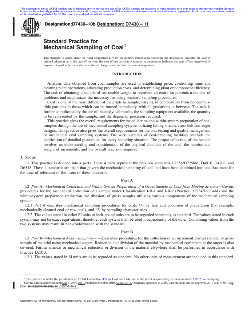 REDLINE ASTM D7430-11 - Standard Practice for Mechanical Sampling of Coal