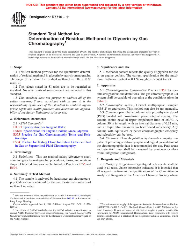 ASTM D7716-11 - Standard Test Method for Determination of Residual Methanol in Glycerin by Gas Chromatography