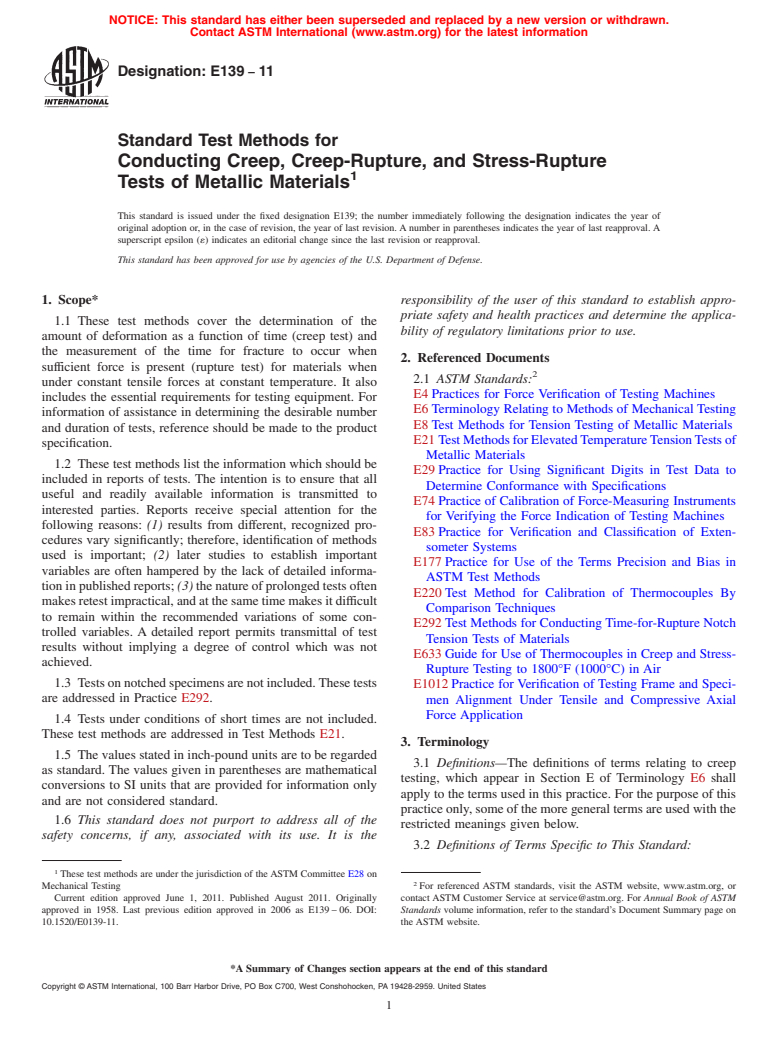 ASTM E139-11 - Standard Test Methods for  Conducting Creep, Creep-Rupture, and Stress-Rupture Tests of Metallic Materials