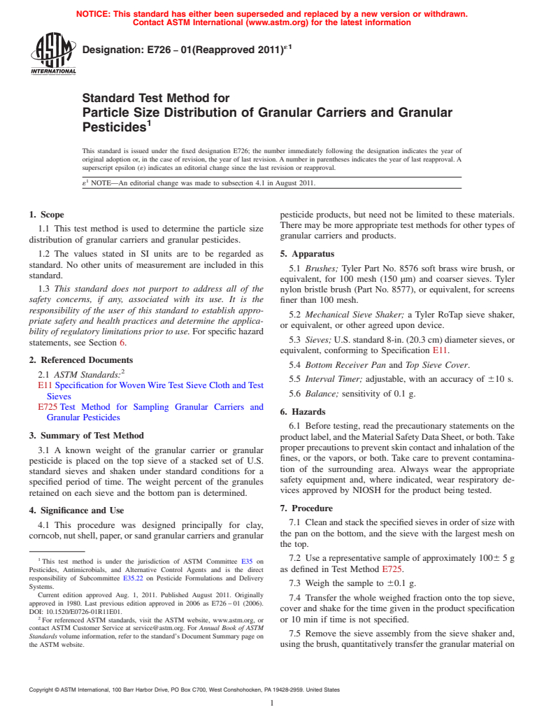 ASTM E726-01(2011)e1 - Standard Test Method for  Particle Size Distribution of Granular Carriers and Granular Pesticides