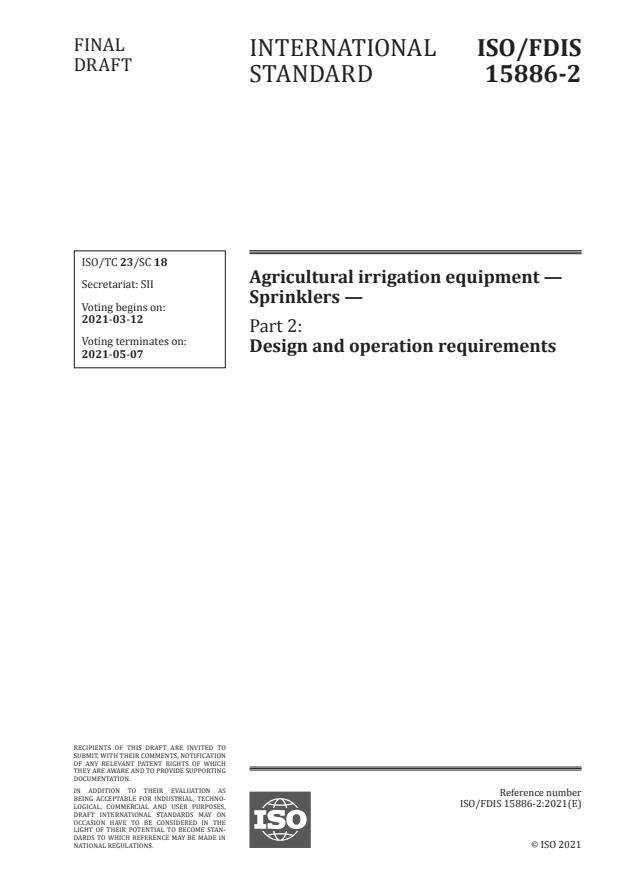 ISO/FDIS 15886-2:Version 06-mar-2021 - Agricultural irrigation equipment -- Sprinklers