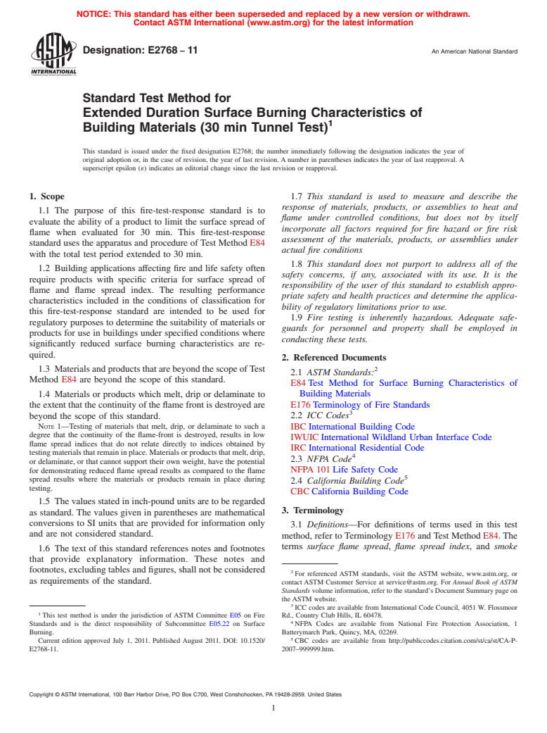 ASTM E2768-11 - Standard Test Method for Extended Duration Surface Burning Characteristics of Building Materials (30 min Tunnel Test)