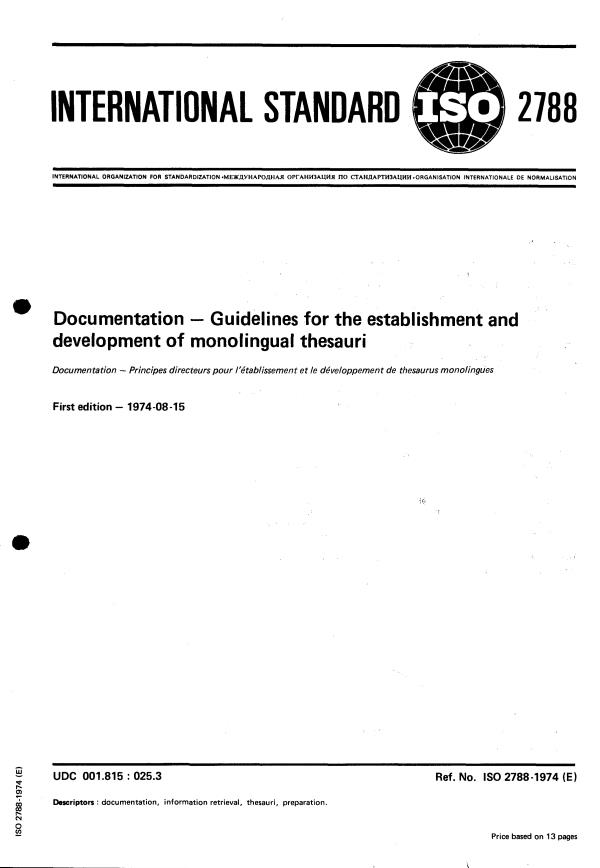 ISO 2788:1974 - Documentation -- Guidelines for the establishment and development of monolingual thesauri