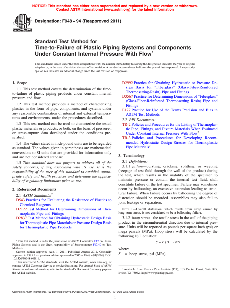 ASTM F948-94(2011) - Standard Test Method for  Time-to-Failure of Plastic Piping Systems and Components Under Constant Internal Pressure With Flow (Withdrawn 2018)