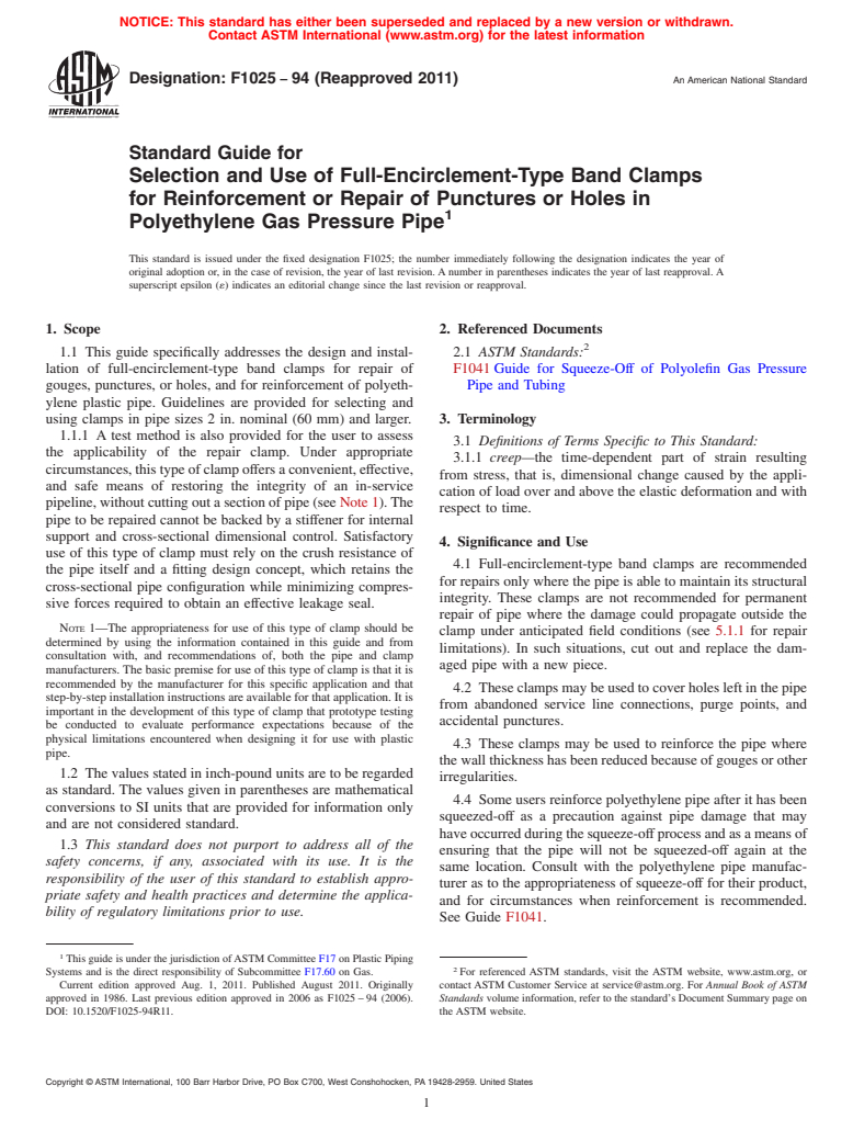 ASTM F1025-94(2011) - Standard Guide for Selection and Use of Full-Encirclement-Type Band Clamps for Reinforcement or Repair of Punctures or Holes in Polyethylene Gas Pressure Pipe