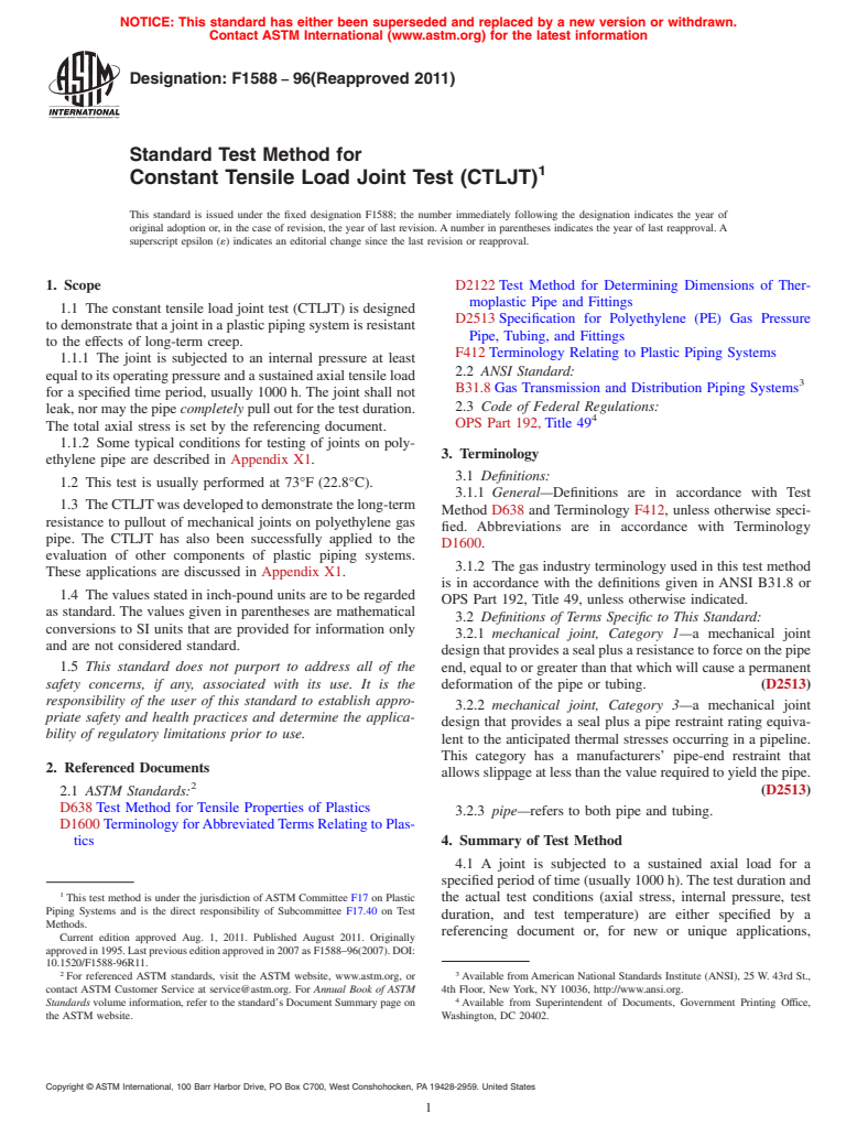 ASTM F1588-96(2011) - Standard Test Method for  Constant Tensile Load Joint Test (CTLJT)