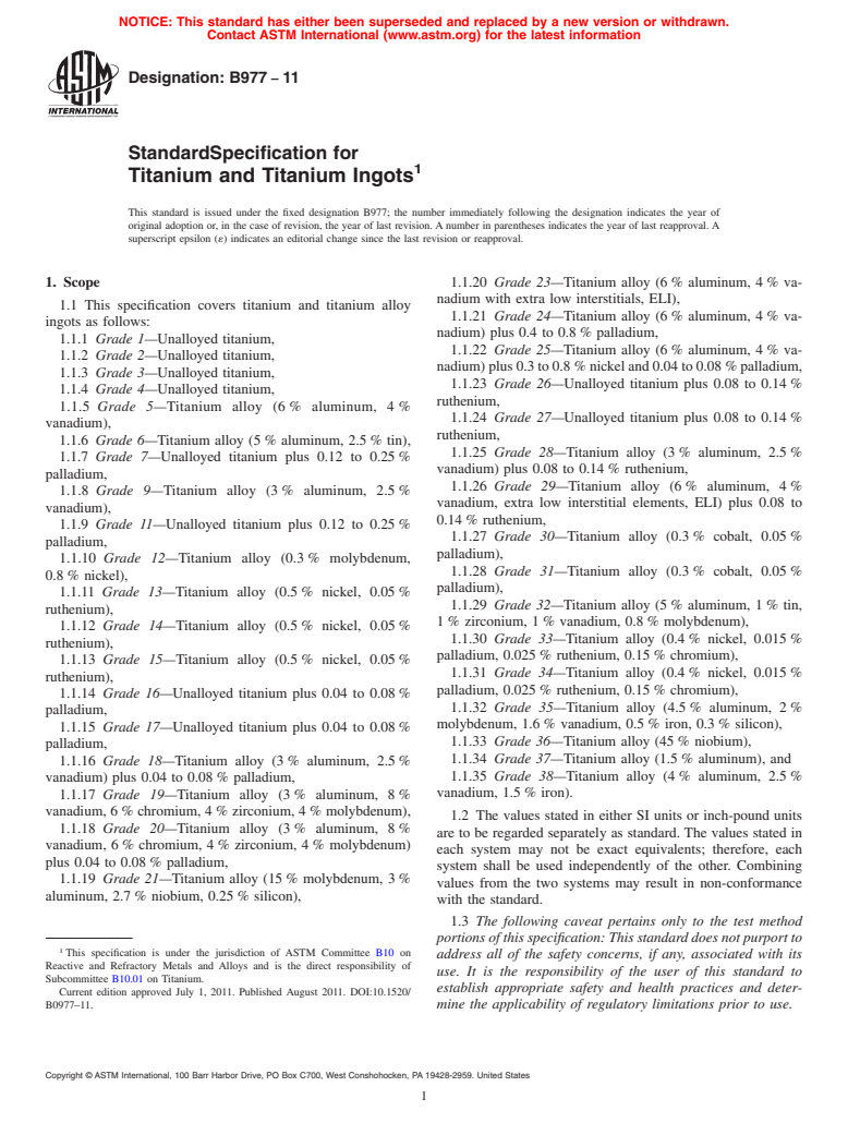 ASTM B977-11 - Standard Specification for Titanium and Titanium Ingots