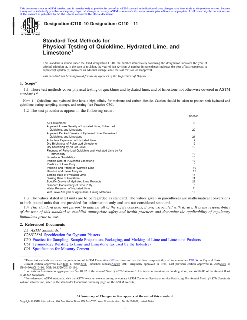 REDLINE ASTM C110-11 - Standard Test Methods for  Physical Testing of Quicklime, Hydrated Lime, and Limestone