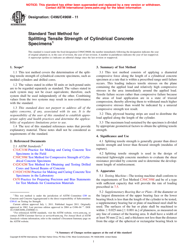 ASTM C496/C496M-11 - Standard Test Method for  Splitting Tensile Strength of Cylindrical Concrete Specimens