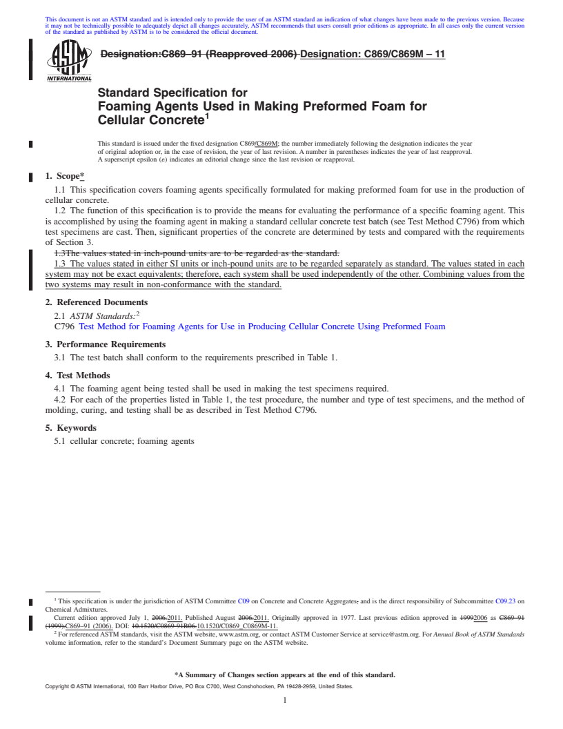 REDLINE ASTM C869/C869M-11 - Standard Specification for  Foaming Agents Used in Making Preformed Foam for Cellular Concrete