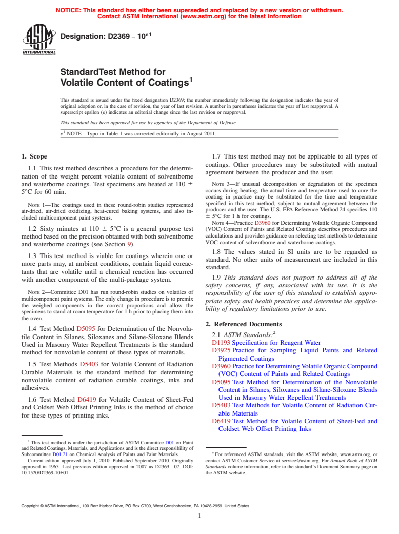 ASTM D2369-10e1 - Standard Test Method for  Volatile Content of Coatings