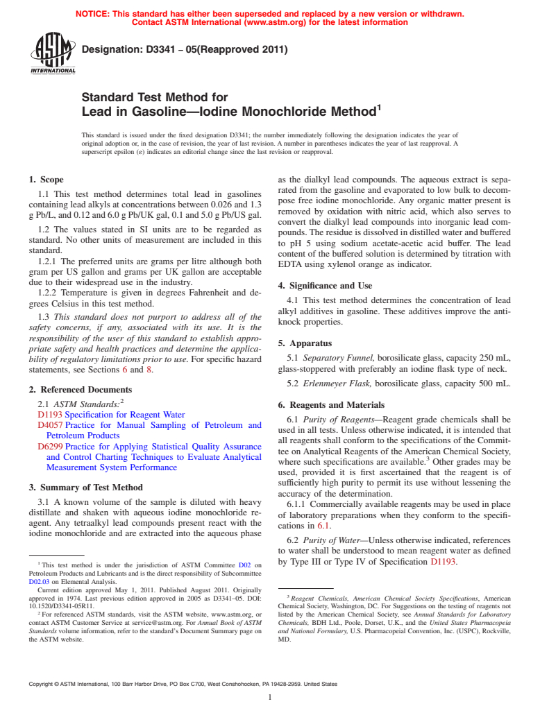 ASTM D3341-05(2011) - Standard Test Method for Lead in Gasoline<char: emdash>Iodine Monochloride Method