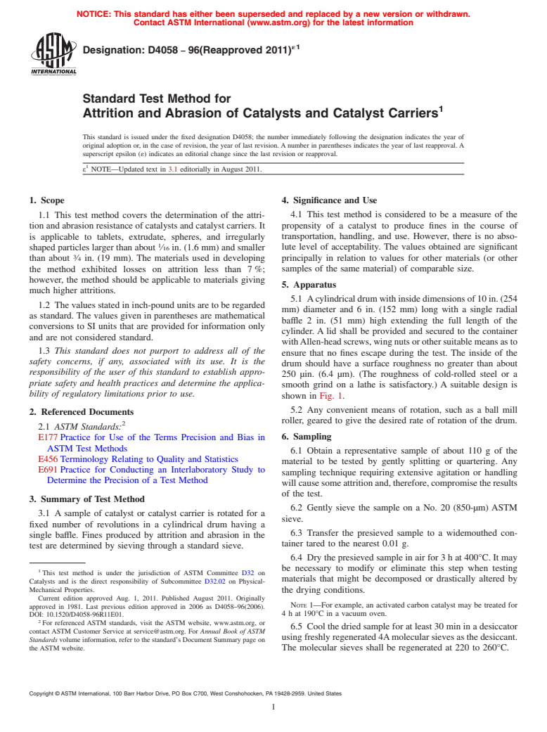 ASTM D4058-96(2011)e1 - Standard Test Method for Attrition and Abrasion of Catalysts and Catalyst Carriers