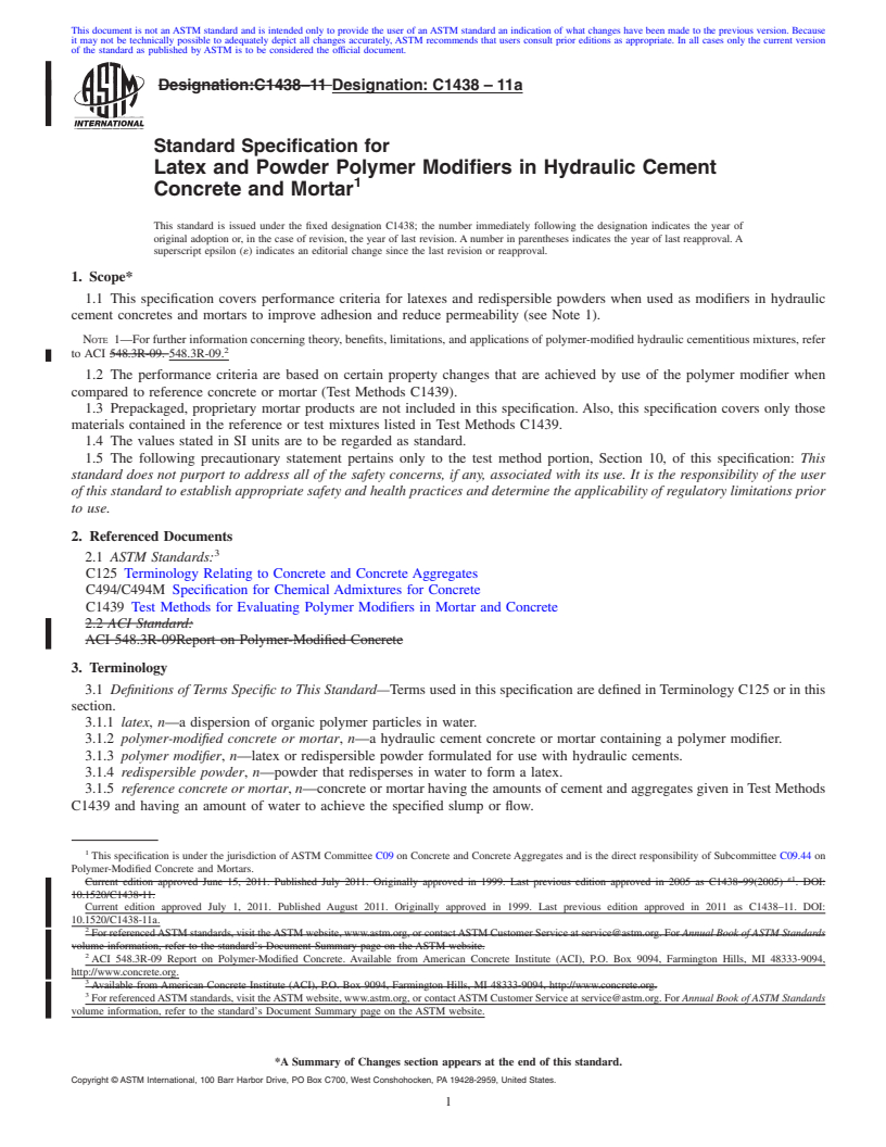 REDLINE ASTM C1438-11a - Standard Specification for Latex and Powder Polymer Modifiers in Hydraulic Cement Concrete and Mortar