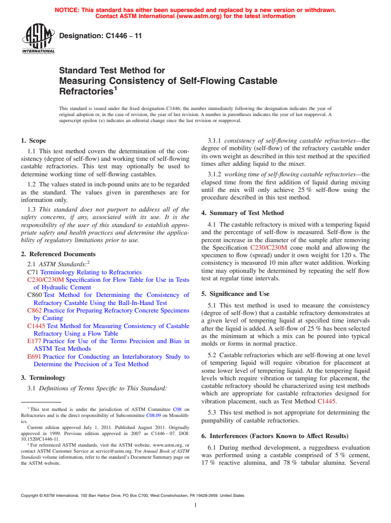 ASTM C1446-11 - Standard Test Method for Measuring Consistency of Self-Flowing Castable Refractories