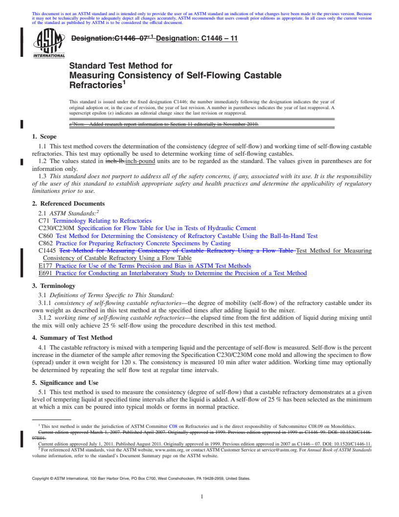 REDLINE ASTM C1446-11 - Standard Test Method for Measuring Consistency of Self-Flowing Castable Refractories