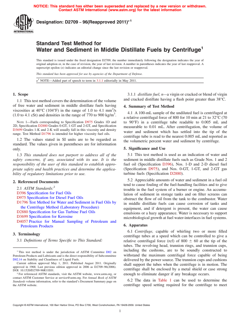 ASTM D2709-96(2011)e1 - Standard Test Method for Water and Sediment in Middle Distillate Fuels by Centrifuge