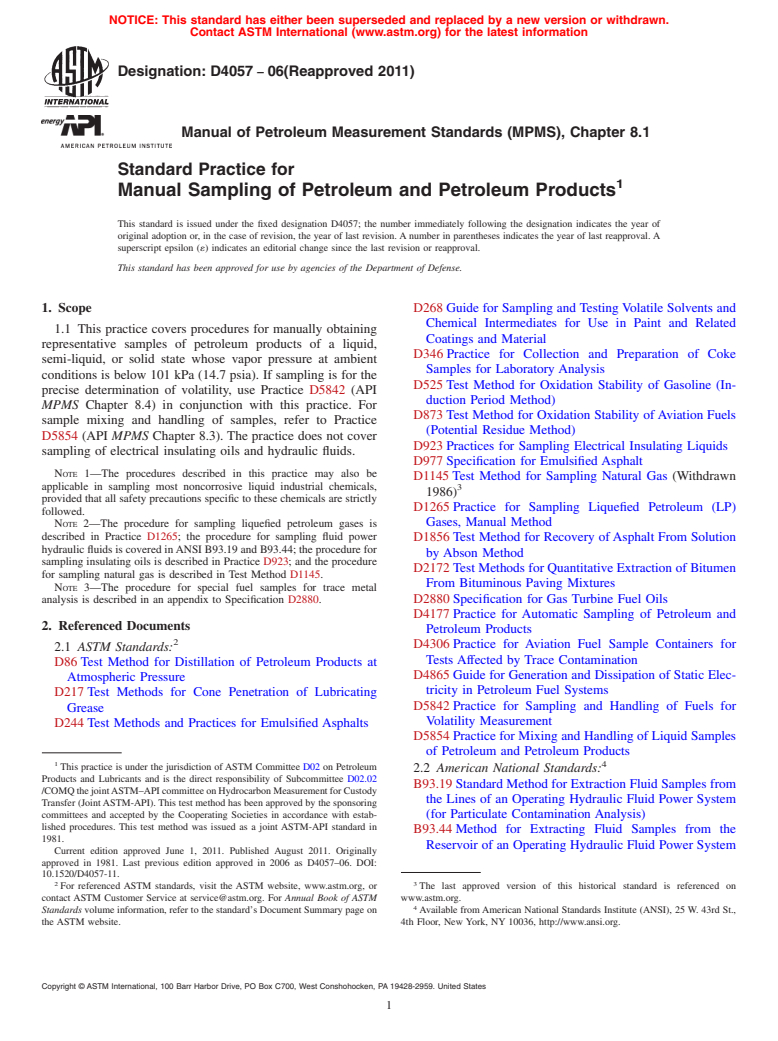 ASTM D4057-06(2011) - Standard Practice for Manual Sampling of Petroleum and Petroleum Products