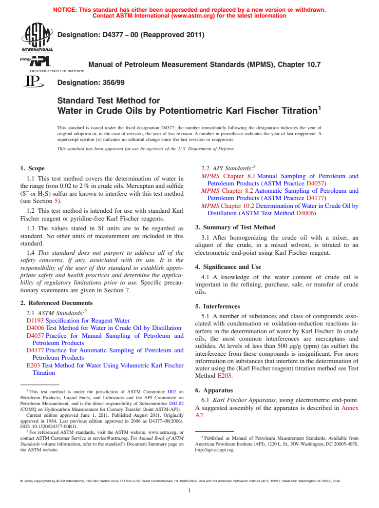 ASTM D4377-00(2011) - Standard Test Method for Water in Crude Oils by Potentiometric Karl Fischer Titration (Withdrawn 2020)