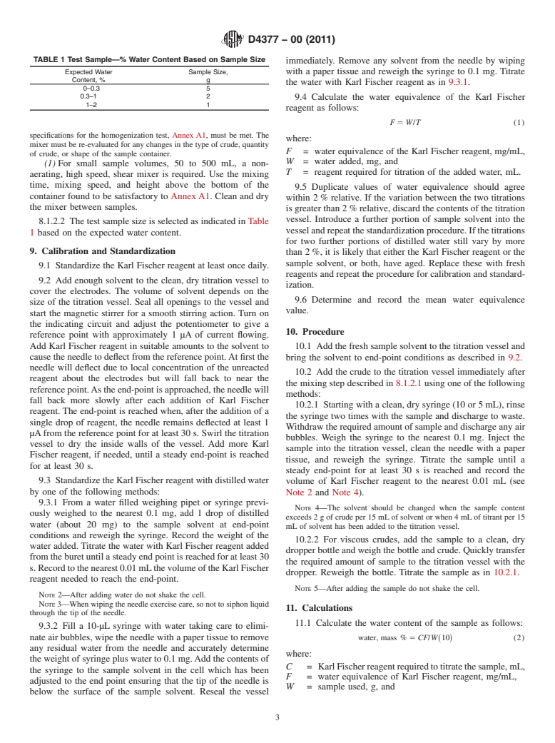 ASTM D4377-00(2011) - Standard Test Method for Water in Crude Oils by Potentiometric Karl Fischer Titration (Withdrawn 2020)