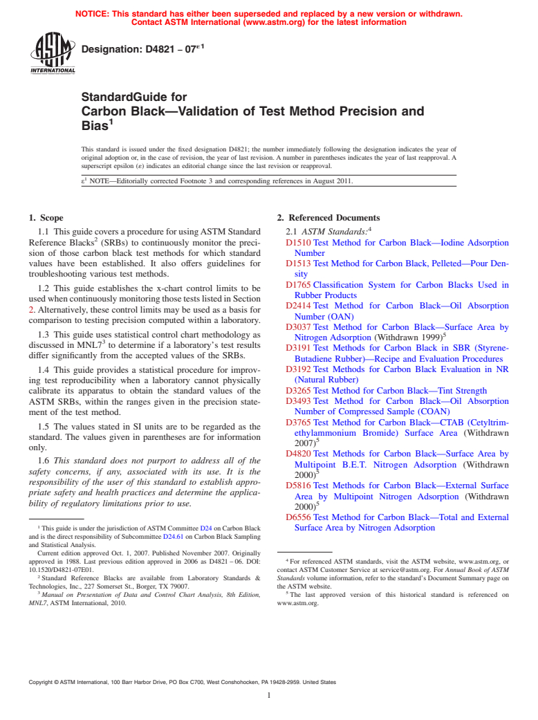 ASTM D4821-07e1 - Standard Guide for Carbon Black<char: emdash>Validation of Test Method Precision and Bias