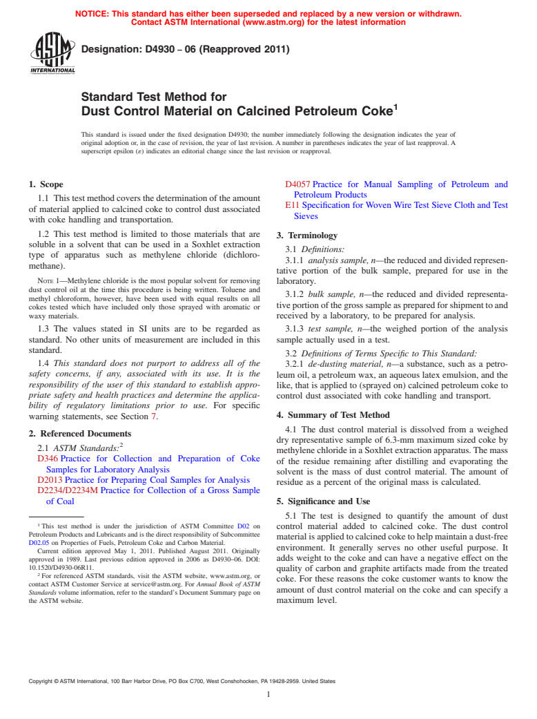 ASTM D4930-06(2011) - Standard Test Method for Dust Control Material on Calcined Petroleum Coke