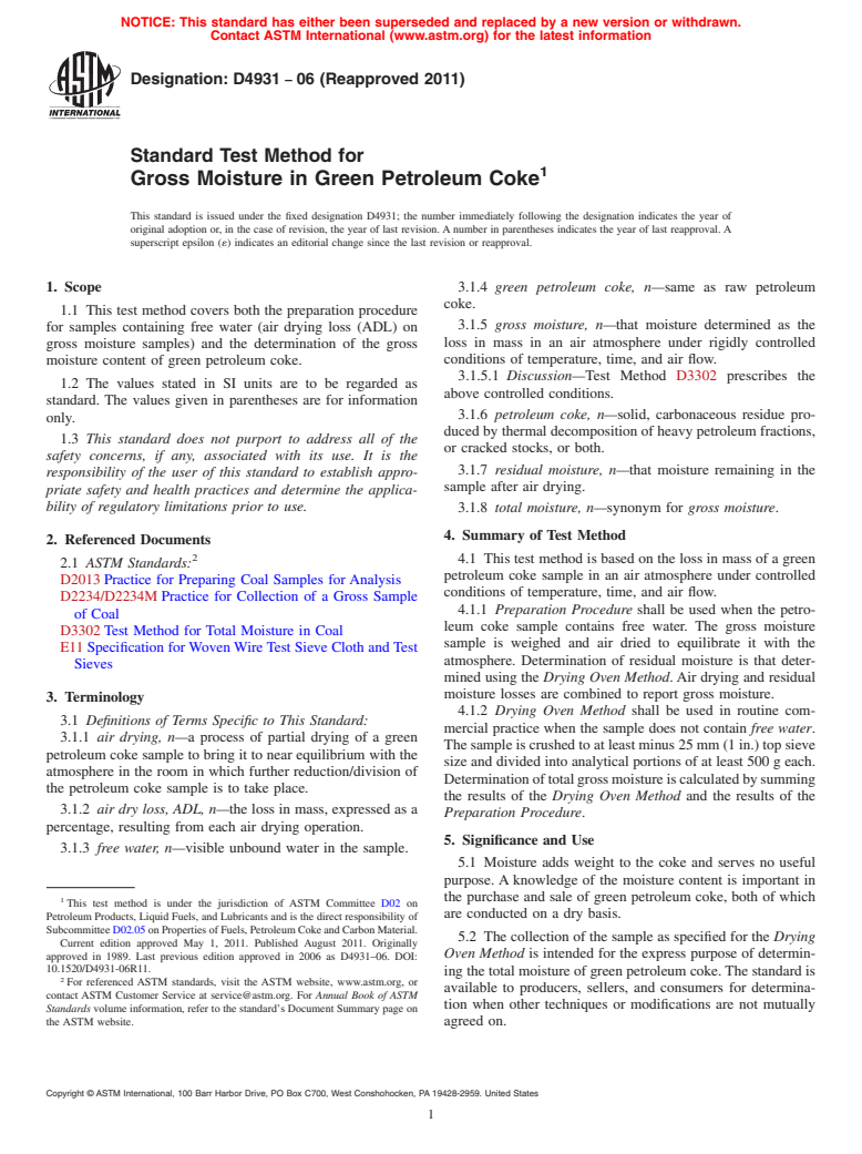 ASTM D4931-06(2011) - Standard Test Method for Gross Moisture in Green Petroleum Coke