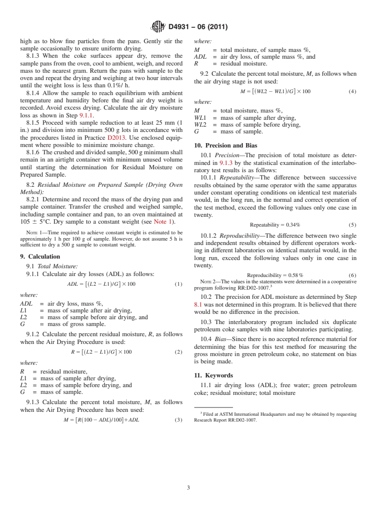 ASTM D4931-06(2011) - Standard Test Method for Gross Moisture in Green Petroleum Coke