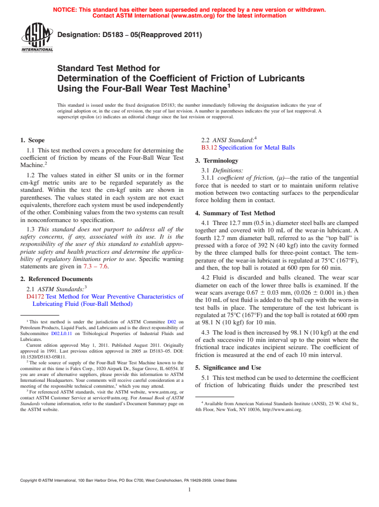 ASTM D5183-05(2011) - Standard Test Method for Determination of the Coefficient of Friction of Lubricants Using the Four-Ball Wear Test Machine