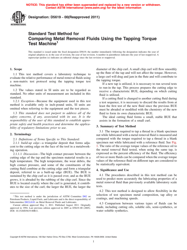 ASTM D5619-00(2011) - Standard Test Method for Comparing Metal Removal Fluids Using the Tapping Torque Test Machine (Withdrawn 2016)