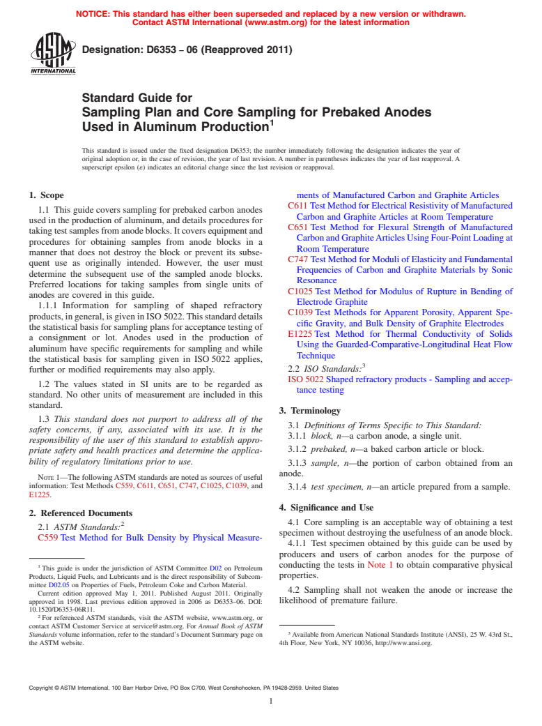 ASTM D6353-06(2011) - Standard Guide for Sampling Plan and Core Sampling for Prebaked Anodes Used in Aluminum Production