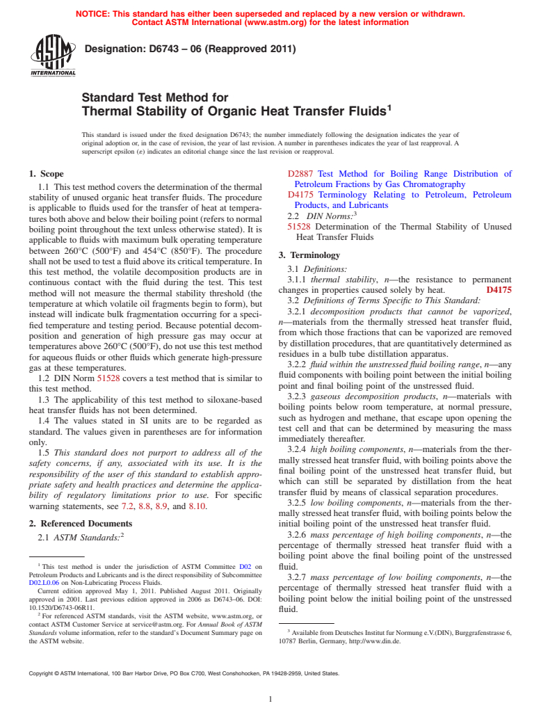 ASTM D6743-06(2011) - Standard Test Method for Thermal Stability of Organic Heat Transfer Fluids