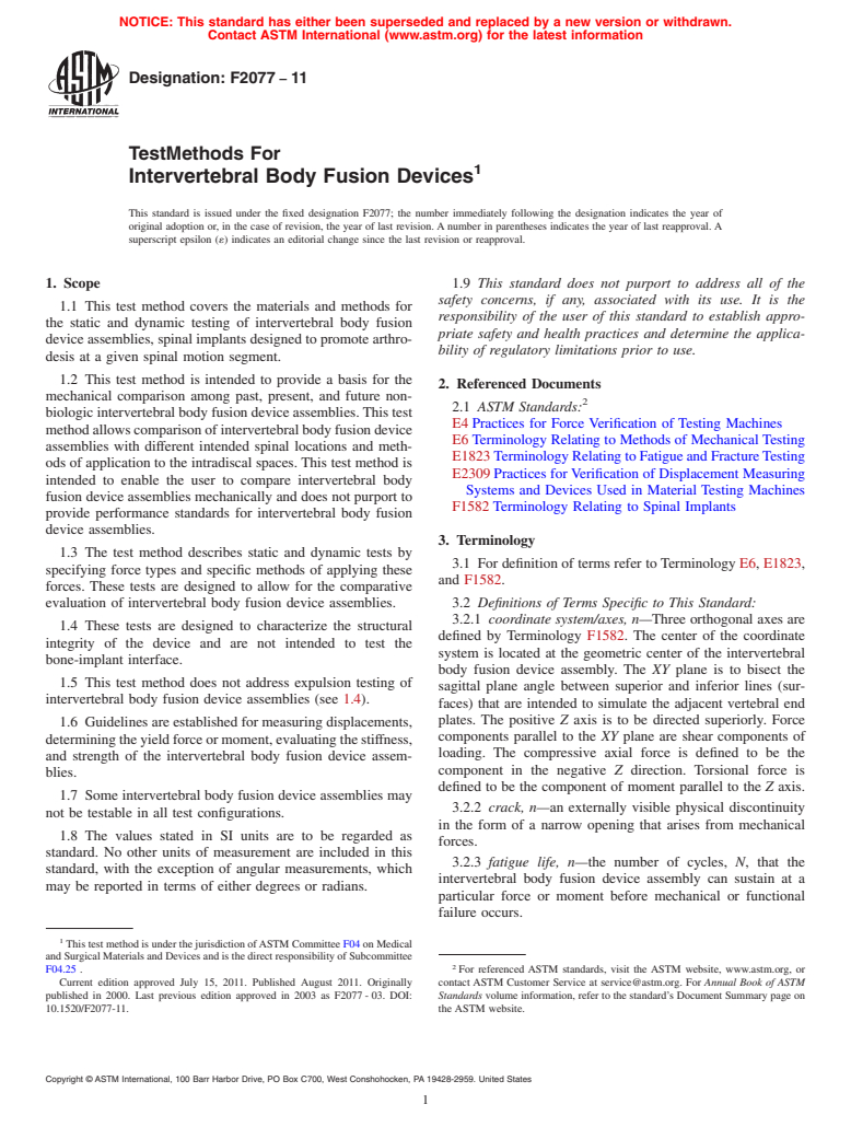 ASTM F2077-11 - Test Methods For Intervertebral Body Fusion Devices