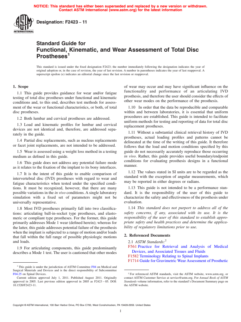 ASTM F2423-11 - Standard Guide for Functional, Kinematic, and Wear Assessment of Total Disc Prostheses