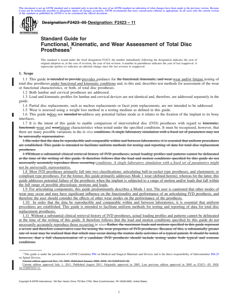 REDLINE ASTM F2423-11 - Standard Guide for Functional, Kinematic, and Wear Assessment of Total Disc Prostheses