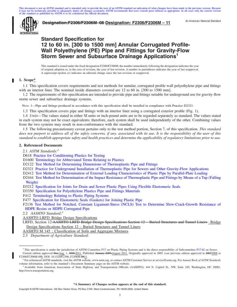 REDLINE ASTM F2306/F2306M-11 - Standard Specification for 12 to 60 in. [300 to 1500 mm] Annular Corrugated Profile-Wall Polyethylene (PE) Pipe and Fittings for Gravity-Flow Storm Sewer and Subsurface Drainage Applications