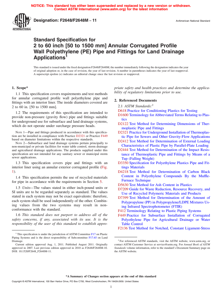 ASTM F2648/F2648M-11 - Standard Specification for 2 to 60 inch [50 to 1500 mm] Annular Corrugated Profile Wall Polyethylene  (PE) Pipe and Fittings for Land Drainage Applications