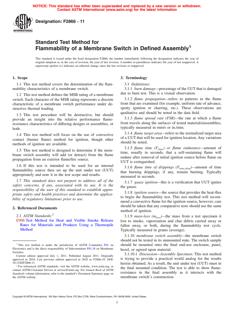 ASTM F2866-11 - Standard Test Method for Flammability of a Membrane Switch in Defined Assembly