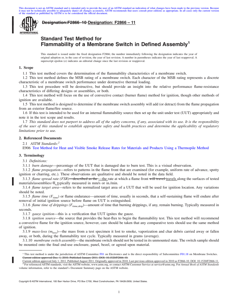 REDLINE ASTM F2866-11 - Standard Test Method for Flammability of a Membrane Switch in Defined Assembly