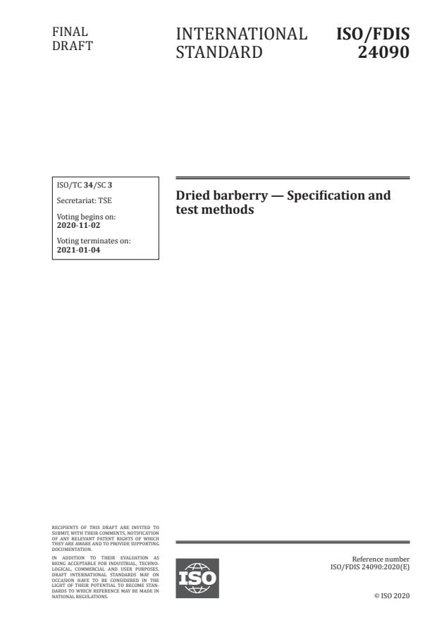 ISO/FDIS 24090:Version 07-nov-2020 - Dried barberry -- Specification and test methods